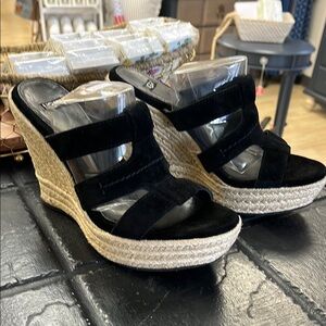 UGG Black and Tan Wedge Sandals